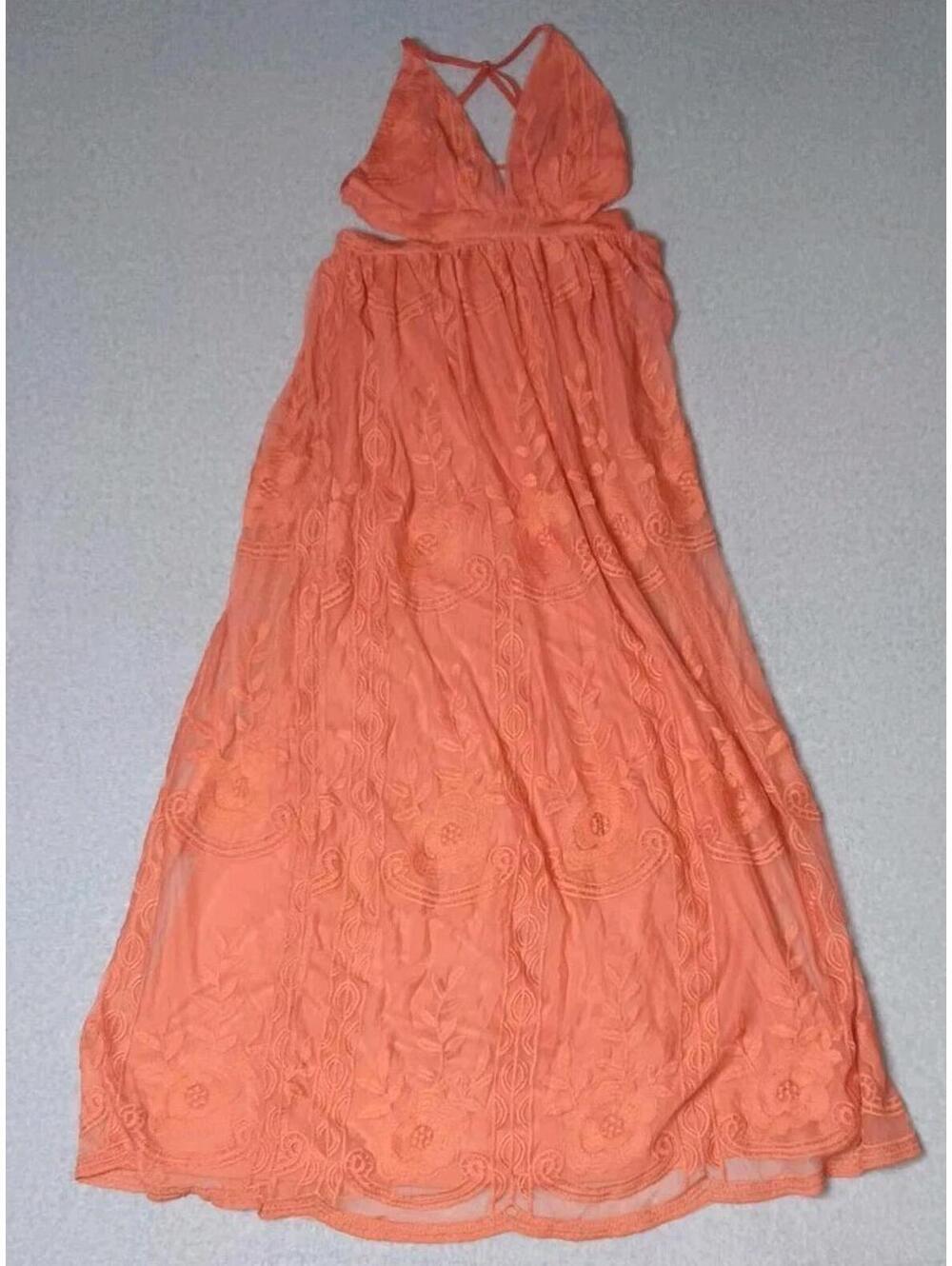 Dress Day Babydoll Halter Lace Maxi Dress Womens Size Small Burnt Orange Fairy